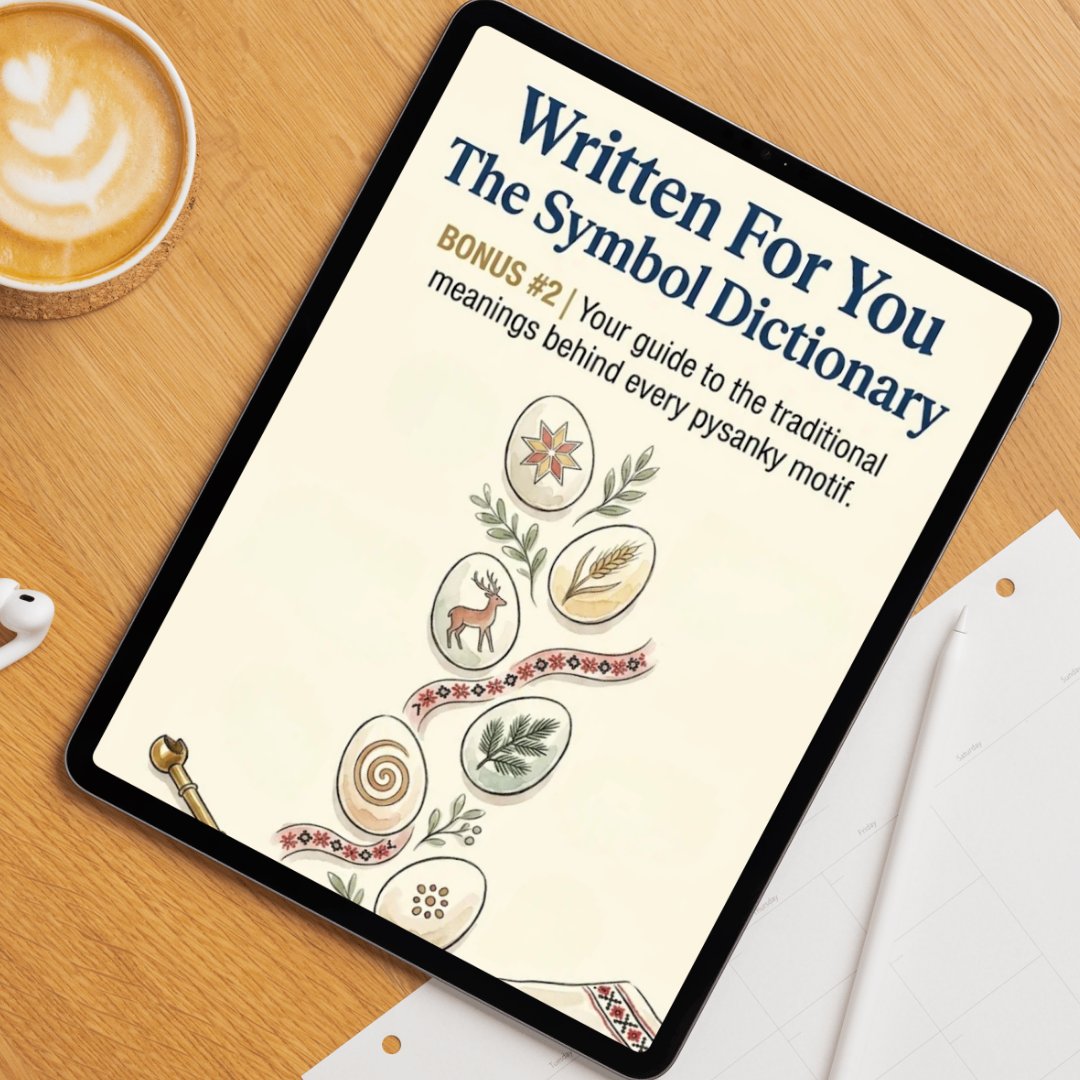 Bonus 2: Written For You, the pysanky symbol dictionary shown on a tablet