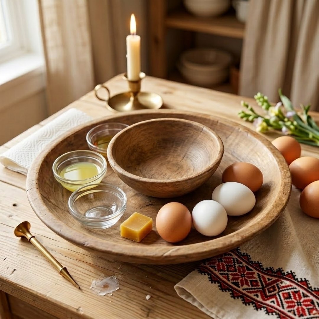 Module 1: the full pysanky supply flat lay with eggs, beeswax, dye cups, a candle and a kistka in a wooden bowl