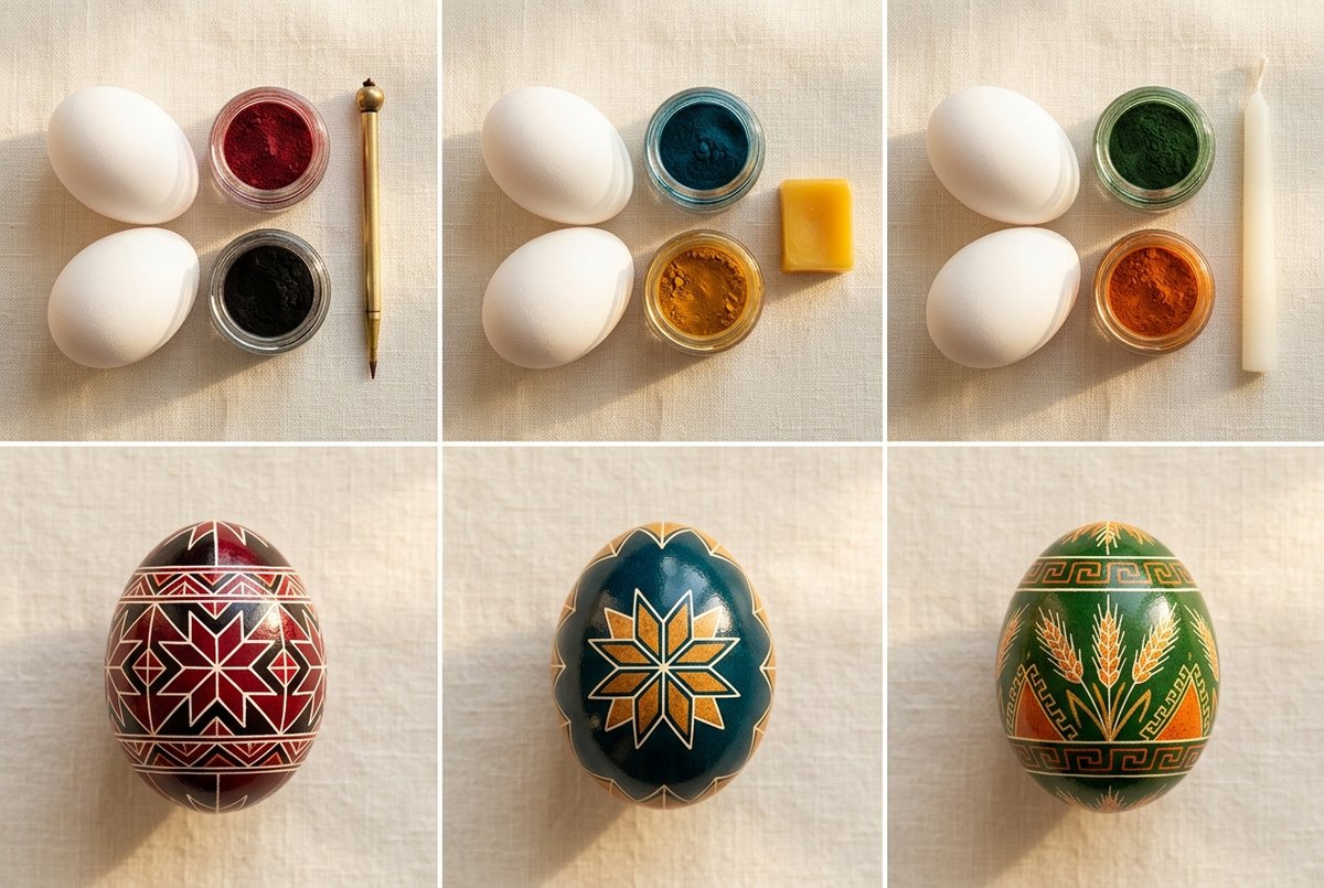 Three sets of plain white eggs with jars of dye in different color families above three matching finished pysanky in garnet red and black, teal and gold, and green and orange